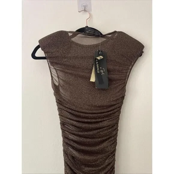 Bronx & Banco Maya Ruched Bateau Neckline Long Dress XS Brown Glitter Sheer NWT - Picture 7 of 8
